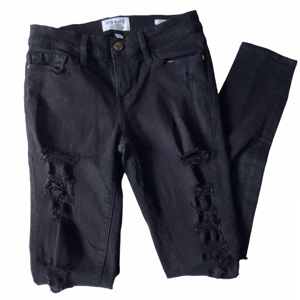 FRAME Black Denim Ripped 26 Le Skinny Film Noir - Picture 2 of 15